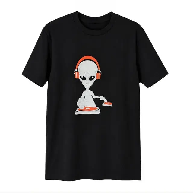 Black Tuned Global t-shirt with a DJ alien wearing orange headphones at the turntables